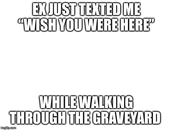 Blank White Template |  EX JUST TEXTED ME “WISH YOU WERE HERE”; WHILE WALKING THROUGH THE GRAVEYARD | image tagged in blank white template | made w/ Imgflip meme maker