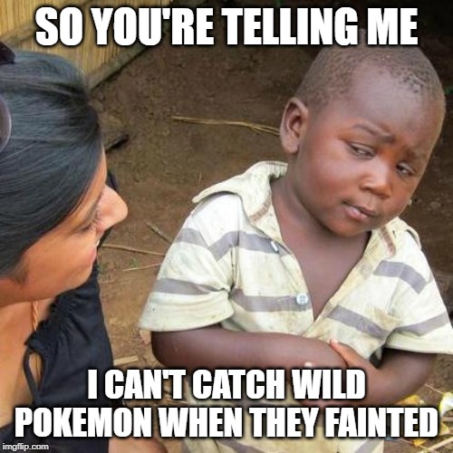 This doesn't make any sense | SO YOU'RE TELLING ME; I CAN'T CATCH WILD POKEMON WHEN THEY FAINTED | image tagged in memes,third world skeptical kid,pokemon | made w/ Imgflip meme maker