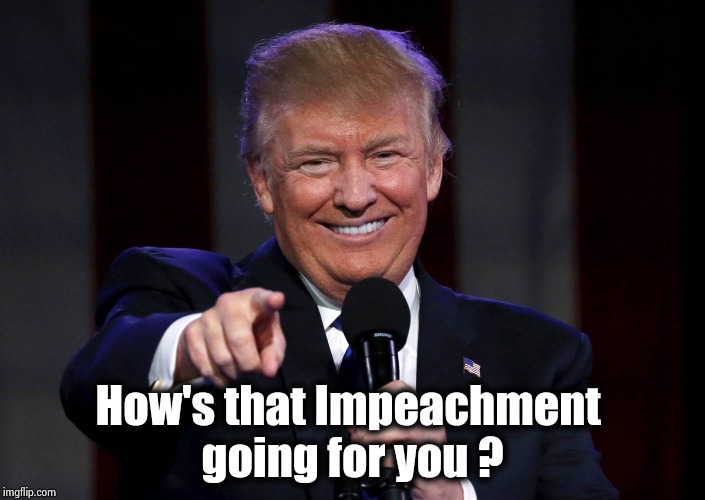 Trump laughing at haters | How's that Impeachment 
going for you ? | image tagged in trump laughing at haters | made w/ Imgflip meme maker