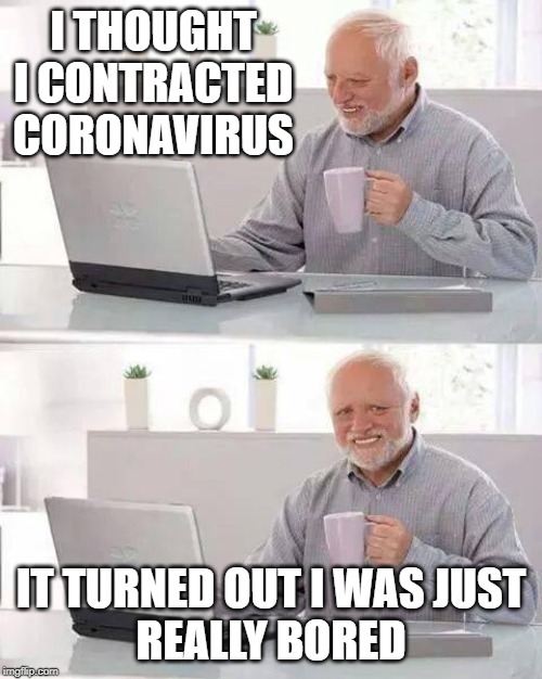 Hide the Wayne Harold | I THOUGHT I CONTRACTED CORONAVIRUS; IT TURNED OUT I WAS JUST
REALLY BORED | image tagged in memes,hide the pain harold,waynes world,coronavirus,mono | made w/ Imgflip meme maker