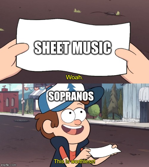 It's always like this in my choir. Just read the music sopranos!! | SHEET MUSIC; SOPRANOS | image tagged in this is worthless | made w/ Imgflip meme maker