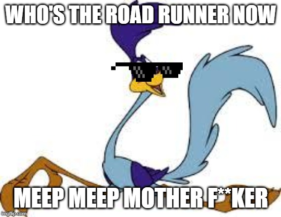 roadrunner | WHO'S THE ROAD RUNNER NOW; MEEP MEEP MOTHER F**KER | image tagged in roadrunner | made w/ Imgflip meme maker