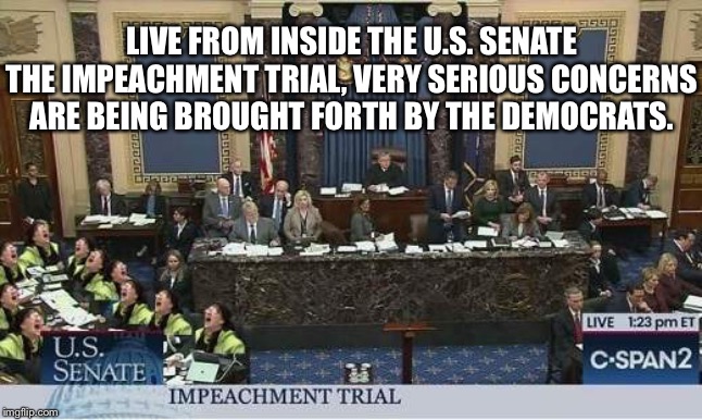 Live from the U.S Senate... | LIVE FROM INSIDE THE U.S. SENATE THE IMPEACHMENT TRIAL, VERY SERIOUS CONCERNS ARE BEING BROUGHT FORTH BY THE DEMOCRATS. | image tagged in impeachment,impeachment trial,senate,ConservativeMemes | made w/ Imgflip meme maker