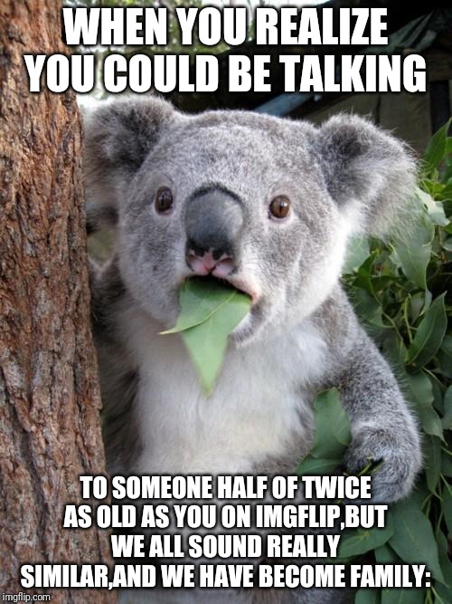 Surprised Koala | WHEN YOU REALIZE YOU COULD BE TALKING; TO SOMEONE HALF OF TWICE AS OLD AS YOU ON IMGFLIP,BUT WE ALL SOUND REALLY SIMILAR,AND WE HAVE BECOME FAMILY: | image tagged in memes,surprised koala | made w/ Imgflip meme maker