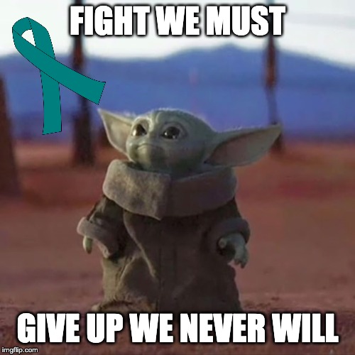 Ovarian Cancer baby Yoda | FIGHT WE MUST; GIVE UP WE NEVER WILL | image tagged in baby yoda | made w/ Imgflip meme maker
