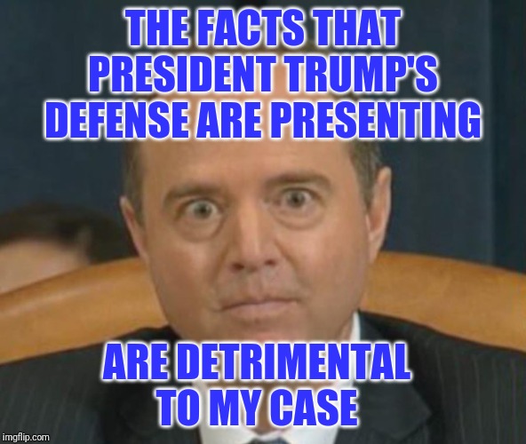 President Trump's team is destroying the fake impeachment | THE FACTS THAT PRESIDENT TRUMP'S DEFENSE ARE PRESENTING; ARE DETRIMENTAL TO MY CASE | image tagged in crazy adam schiff,impeachment hoax | made w/ Imgflip meme maker