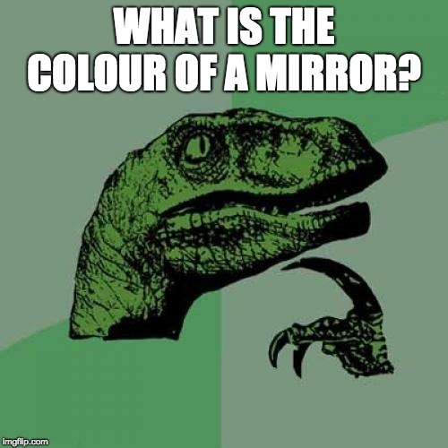 Philosoraptor | WHAT IS THE COLOUR OF A MIRROR? | image tagged in memes,philosoraptor | made w/ Imgflip meme maker