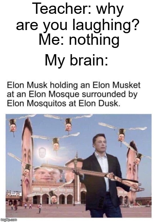 This is so funny | Teacher: why are you laughing? Me: nothing; My brain: | image tagged in nothing,funny,memes,elon musk,teacher,laugh | made w/ Imgflip meme maker