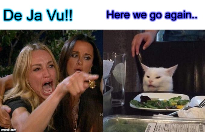 Woman Yelling At Cat | De Ja Vu!! Here we go again.. | image tagged in memes,woman yelling at cat | made w/ Imgflip meme maker