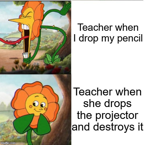 Projector | Teacher when I drop my pencil; Teacher when she drops the projector and destroys it | image tagged in cuphead flower,funny,memes,teacher,pencil,destroy | made w/ Imgflip meme maker