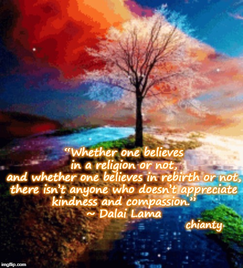 Believe it or not | “Whether one believes in a religion or not,
and whether one believes in rebirth or not,
there isn’t anyone who doesn’t appreciate
kindness and compassion.”
~ Dalai Lama; chianty | image tagged in kindness | made w/ Imgflip meme maker