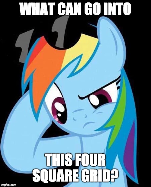 Confused Rainbow Dash | WHAT CAN GO INTO THIS FOUR SQUARE GRID? | image tagged in confused rainbow dash | made w/ Imgflip meme maker