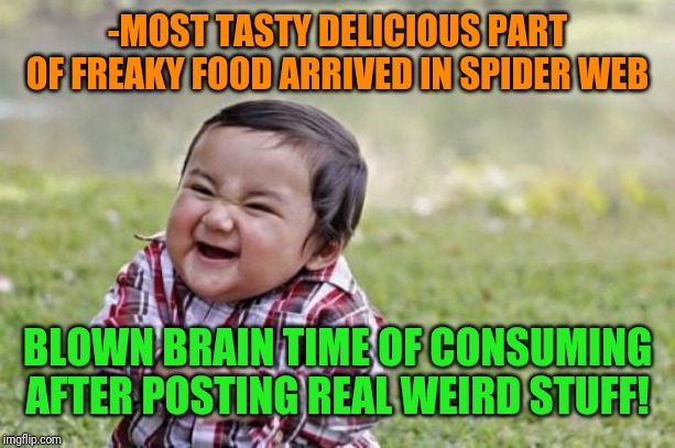 Evil Toddler Meme | -MOST TASTY DELICIOUS PART OF FREAKY FOOD ARRIVED IN SPIDER WEB BLOWN BRAIN TIME OF CONSUMING AFTER POSTING REAL WEIRD STUFF! | image tagged in memes,evil toddler | made w/ Imgflip meme maker