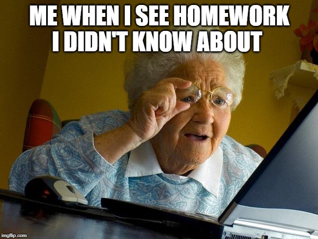 Grandma Finds The Internet | ME WHEN I SEE HOMEWORK I DIDN'T KNOW ABOUT | image tagged in memes,grandma finds the internet | made w/ Imgflip meme maker