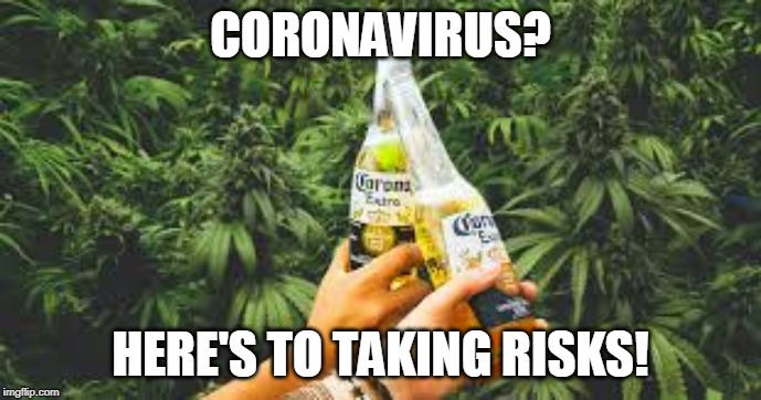 Coronavirus: Here's to taking risks | CORONAVIRUS? HERE'S TO TAKING RISKS! | image tagged in coronavirus,beer,beach,drinking,risk,carpe diem | made w/ Imgflip meme maker