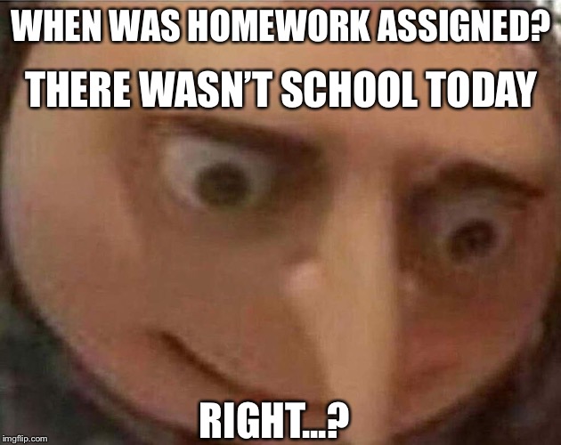gru meme | WHEN WAS HOMEWORK ASSIGNED? THERE WASN’T SCHOOL TODAY RIGHT...? | image tagged in gru meme | made w/ Imgflip meme maker