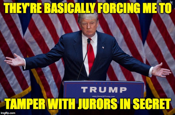 Donald Trump | THEY'RE BASICALLY FORCING ME TO TAMPER WITH JURORS IN SECRET | image tagged in donald trump | made w/ Imgflip meme maker