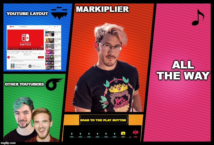 Smash Ultimate DLC fighter profile | YOUTUBE LAYOUT; MARKIPLIER; ALL THE WAY; OTHER YOUTUBERS; ROAD TO THE PLAY BUTTON | image tagged in smash ultimate dlc fighter profile | made w/ Imgflip meme maker