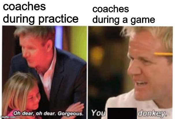 Oh dear, dear gorgeus | coaches during practice; coaches during a game | image tagged in oh dear dear gorgeus,memes,coach | made w/ Imgflip meme maker