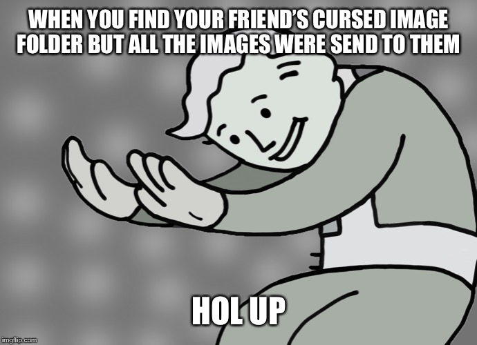 Hol up | WHEN YOU FIND YOUR FRIEND’S CURSED IMAGE FOLDER BUT ALL THE IMAGES WERE SEND TO THEM; HOL UP | image tagged in hol up | made w/ Imgflip meme maker