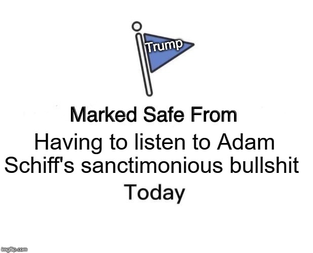 Marked Safe From | Trump; Having to listen to Adam
Schiff's sanctimonious bullshit | image tagged in memes,marked safe from | made w/ Imgflip meme maker