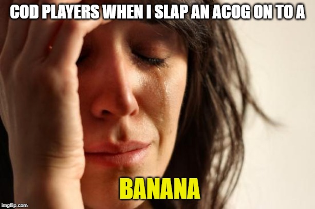 First World Problems | COD PLAYERS WHEN I SLAP AN ACOG ON TO A; BANANA | image tagged in memes,first world problems | made w/ Imgflip meme maker