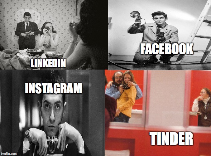 Kubrick forgive me | FACEBOOK; LINKEDIN; INSTAGRAM; TINDER | image tagged in film | made w/ Imgflip meme maker