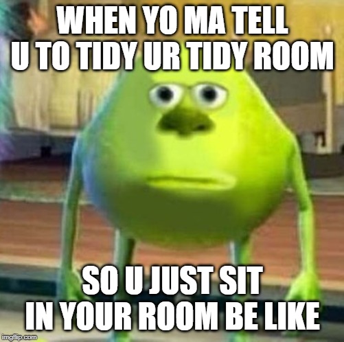 Mike wasowski sully face swap | WHEN YO MA TELL U TO TIDY UR TIDY ROOM; SO U JUST SIT IN YOUR ROOM BE LIKE | image tagged in mike wasowski sully face swap | made w/ Imgflip meme maker
