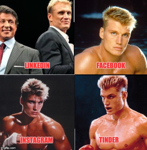 Dolly Parton Challenge with Dolph Lundgren | LINKEDIN; FACEBOOK; TINDER; INSTAGRAM | image tagged in dolly parton,rocky iv,rocky 4,dolph lundgren,ivan drago | made w/ Imgflip meme maker