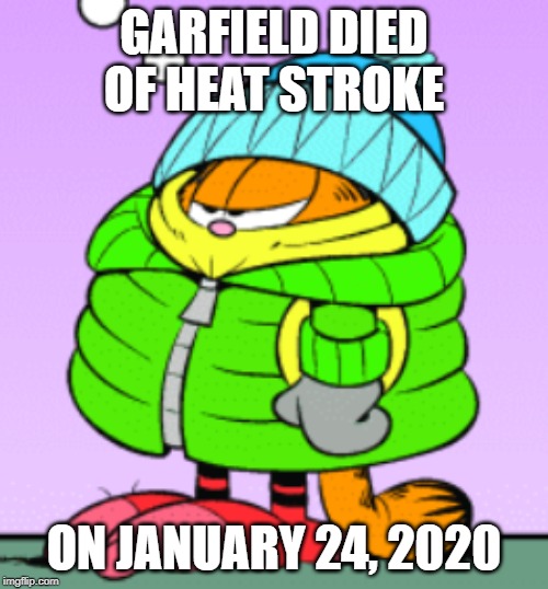 very sad | GARFIELD DIED OF HEAT STROKE; ON JANUARY 24, 2020 | image tagged in garfield | made w/ Imgflip meme maker