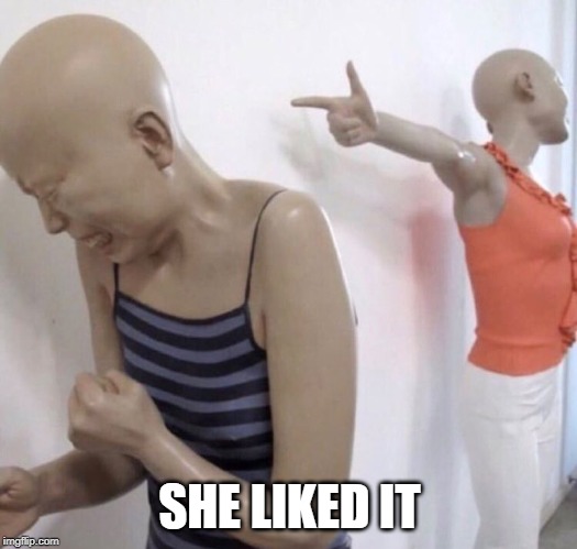 Pointing Mannequin | SHE LIKED IT | image tagged in pointing mannequin | made w/ Imgflip meme maker