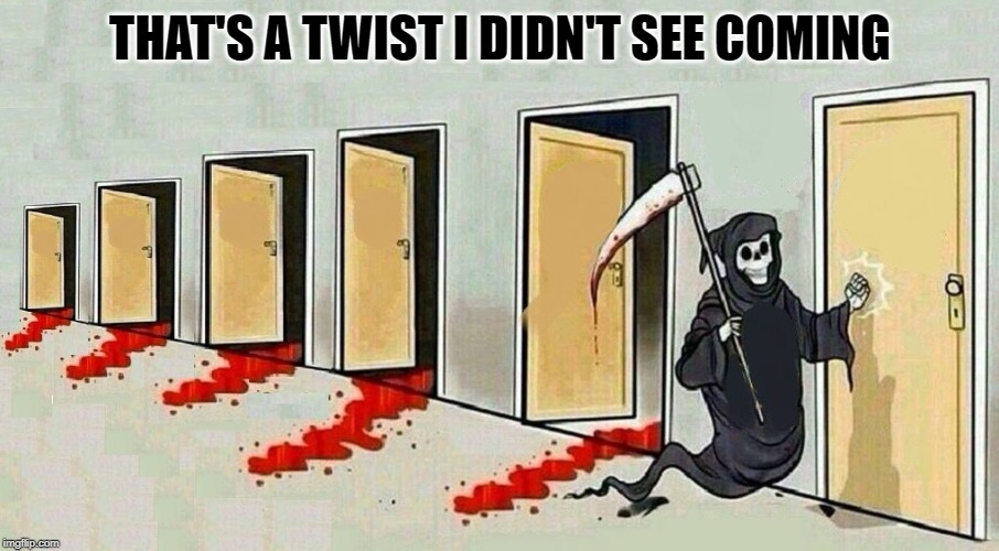 grim reaper knocking door | THAT'S A TWIST I DIDN'T SEE COMING | image tagged in grim reaper knocking door | made w/ Imgflip meme maker