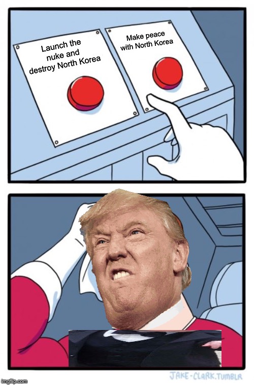 Two Buttons | Make peace with North Korea; Launch the nuke and destroy North Korea | image tagged in memes,two buttons | made w/ Imgflip meme maker