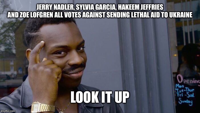 Roll Safe Think About It Meme | JERRY NADLER, SYLVIA GARCIA, HAKEEM JEFFRIES
AND ZOE LOFGREN ALL VOTES AGAINST SENDING LETHAL AID TO UKRAINE LOOK IT UP | image tagged in memes,roll safe think about it | made w/ Imgflip meme maker