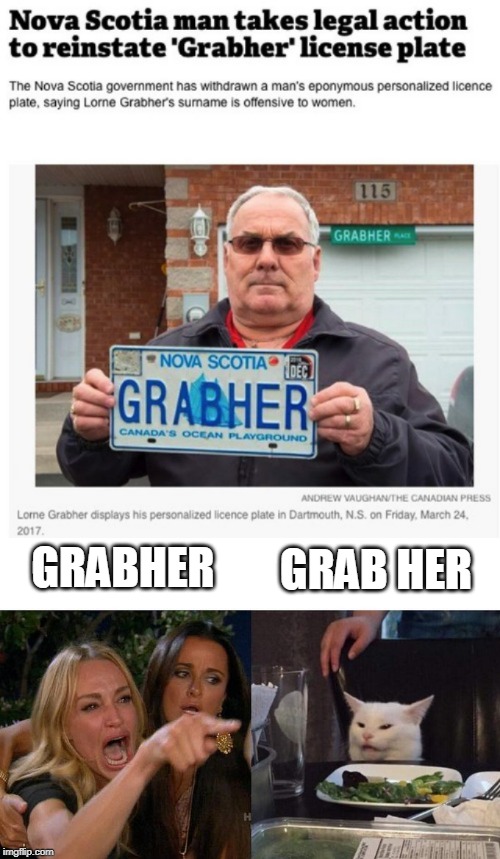 GRAB HER; GRABHER | image tagged in memes,woman yelling at cat,license plate,fail | made w/ Imgflip meme maker
