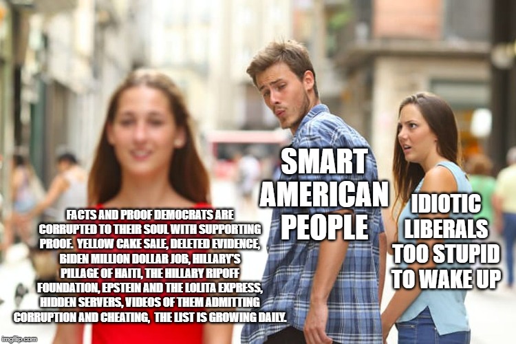 Distracted Boyfriend Meme | SMART AMERICAN PEOPLE; IDIOTIC LIBERALS TOO STUPID TO WAKE UP; FACTS AND PROOF DEMOCRATS ARE CORRUPTED TO THEIR SOUL WITH SUPPORTING PROOF.  YELLOW CAKE SALE, DELETED EVIDENCE, BIDEN MILLION DOLLAR JOB, HILLARY'S PILLAGE OF HAITI, THE HILLARY RIPOFF FOUNDATION, EPSTEIN AND THE LOLITA EXPRESS, HIDDEN SERVERS, VIDEOS OF THEM ADMITTING CORRUPTION AND CHEATING,  THE LIST IS GROWING DAILY. | image tagged in memes,distracted boyfriend | made w/ Imgflip meme maker