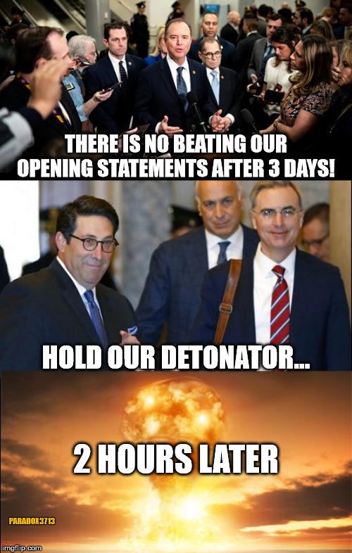 Trump Team nukes House Managers in just 2 Hours! | THERE IS NO BEATING OUR OPENING STATEMENTS AFTER 3 DAYS! HOLD OUR DETONATOR... 2 HOURS LATER; PARADOX3713 | image tagged in trump,winning,democrats,impeachment,losers,memes | made w/ Imgflip meme maker
