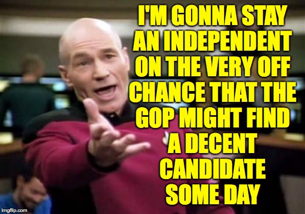 Picard Wtf Meme | I'M GONNA STAY
AN INDEPENDENT
ON THE VERY OFF
CHANCE THAT THE
GOP MIGHT FIND
A DECENT
CANDIDATE
SOME DAY | image tagged in memes,picard wtf | made w/ Imgflip meme maker