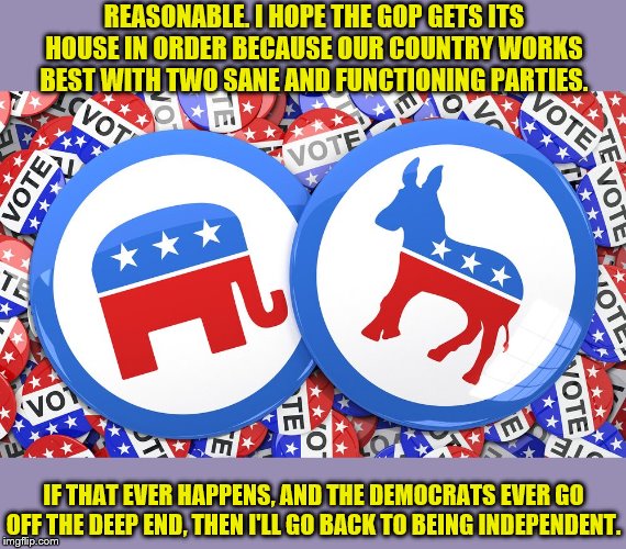 I consider myself a firm Democrat now. I wish I could go back to being Independent, but for now, the GOP does not allow me to. | REASONABLE. I HOPE THE GOP GETS ITS HOUSE IN ORDER BECAUSE OUR COUNTRY WORKS BEST WITH TWO SANE AND FUNCTIONING PARTIES. IF THAT EVER HAPPENS, AND THE DEMOCRATS EVER GO OFF THE DEEP END, THEN I'LL GO BACK TO BEING INDEPENDENT. | image tagged in republicans and democrats together,independent,democrat,gop,politics,american politics | made w/ Imgflip meme maker