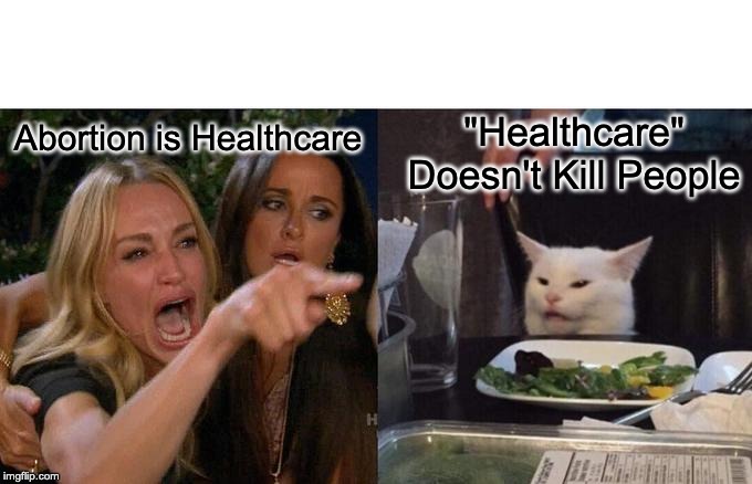 Abortion is "Healthcare" | Abortion is Healthcare; "Healthcare" Doesn't Kill People | image tagged in woman yelling at cat,abortion,healthcare,abortion is murder,innocent children,vulnerable children | made w/ Imgflip meme maker