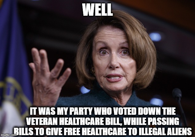 Good old Nancy Pelosi | WELL IT WAS MY PARTY WHO VOTED DOWN THE VETERAN HEALTHCARE BILL, WHILE PASSING BILLS TO GIVE FREE HEALTHCARE TO ILLEGAL ALIENS | image tagged in good old nancy pelosi | made w/ Imgflip meme maker