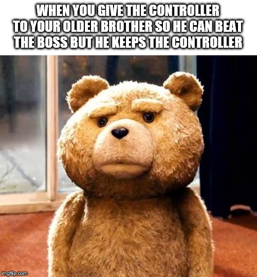 TED Meme | WHEN YOU GIVE THE CONTROLLER TO YOUR OLDER BROTHER SO HE CAN BEAT THE BOSS BUT HE KEEPS THE CONTROLLER | image tagged in memes,ted | made w/ Imgflip meme maker