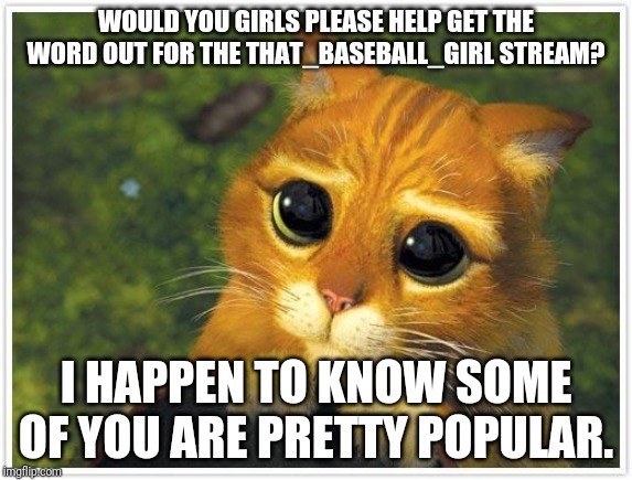 Shrek Cat | WOULD YOU GIRLS PLEASE HELP GET THE WORD OUT FOR THE THAT_BASEBALL_GIRL STREAM? I HAPPEN TO KNOW SOME OF YOU ARE PRETTY POPULAR. | image tagged in memes,shrek cat | made w/ Imgflip meme maker