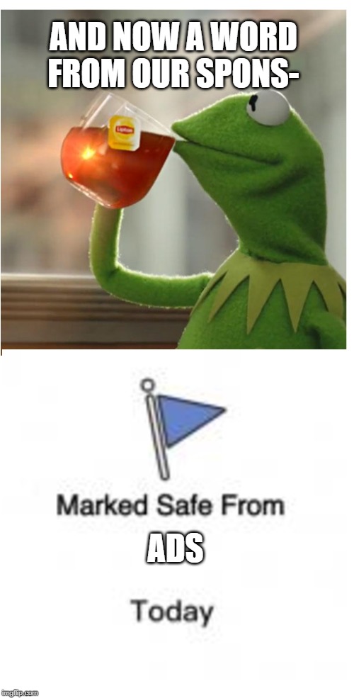 Kermit | AND NOW A WORD FROM OUR SPONS-; ADS | image tagged in kemit | made w/ Imgflip meme maker