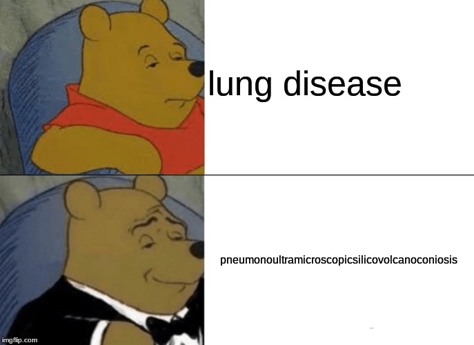 Tuxedo Winnie The Pooh Meme | lung disease; pneumonoultramicroscopicsilicovolcanoconiosis | image tagged in memes,tuxedo winnie the pooh | made w/ Imgflip meme maker