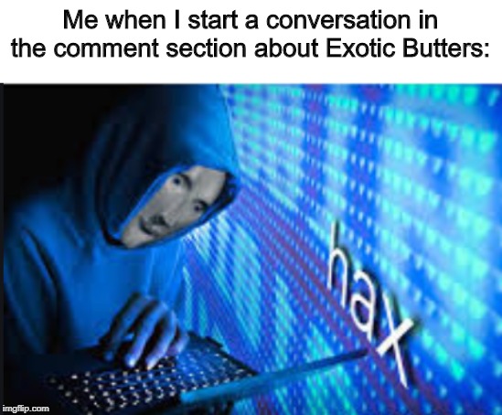 If we could talk Exotic Butters in the comments, that'd be great. | Me when I start a conversation in the comment section about Exotic Butters: | image tagged in hax,exotic butters,comments | made w/ Imgflip meme maker