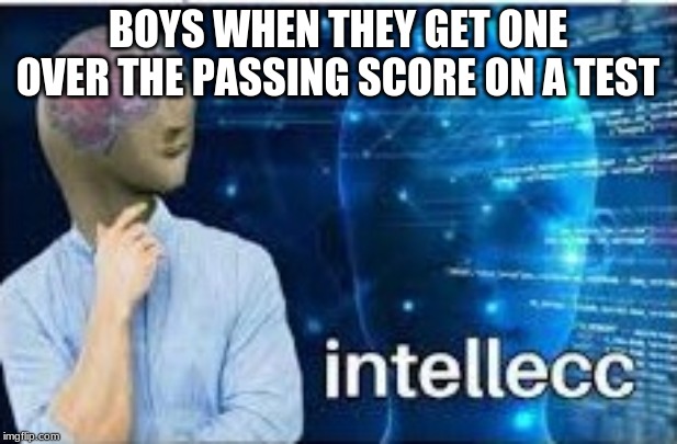 intellecc | BOYS WHEN THEY GET ONE OVER THE PASSING SCORE ON A TEST | image tagged in intellecc | made w/ Imgflip meme maker