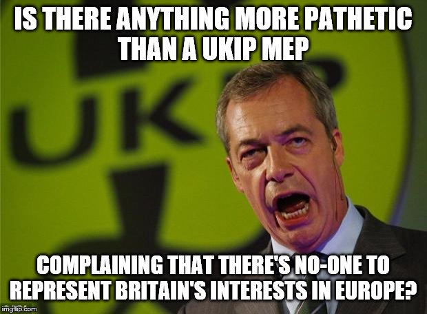 UKIP I'll be back | IS THERE ANYTHING MORE PATHETIC
THAN A UKIP MEP; COMPLAINING THAT THERE'S NO-ONE TO REPRESENT BRITAIN'S INTERESTS IN EUROPE? | image tagged in ukip i'll be back | made w/ Imgflip meme maker