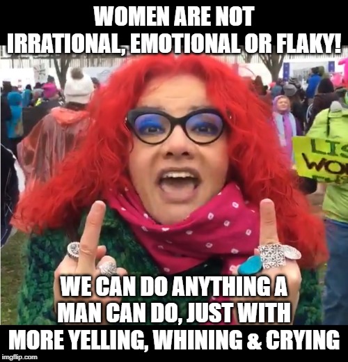 Woman Power | WOMEN ARE NOT IRRATIONAL, EMOTIONAL OR FLAKY! WE CAN DO ANYTHING A MAN CAN DO, JUST WITH MORE YELLING, WHINING & CRYING | image tagged in woman,feminist,feminism,democrat,harpy,seahag | made w/ Imgflip meme maker
