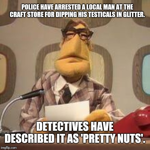 Thats as nutty as sqirual sh!t | POLICE HAVE ARRESTED A LOCAL MAN AT THE CRAFT STORE FOR DIPPING HIS TESTICALS IN GLITTER. DETECTIVES HAVE DESCRIBED IT AS 'PRETTY NUTS'. | image tagged in memes,the muppets,fake news,funny memes | made w/ Imgflip meme maker